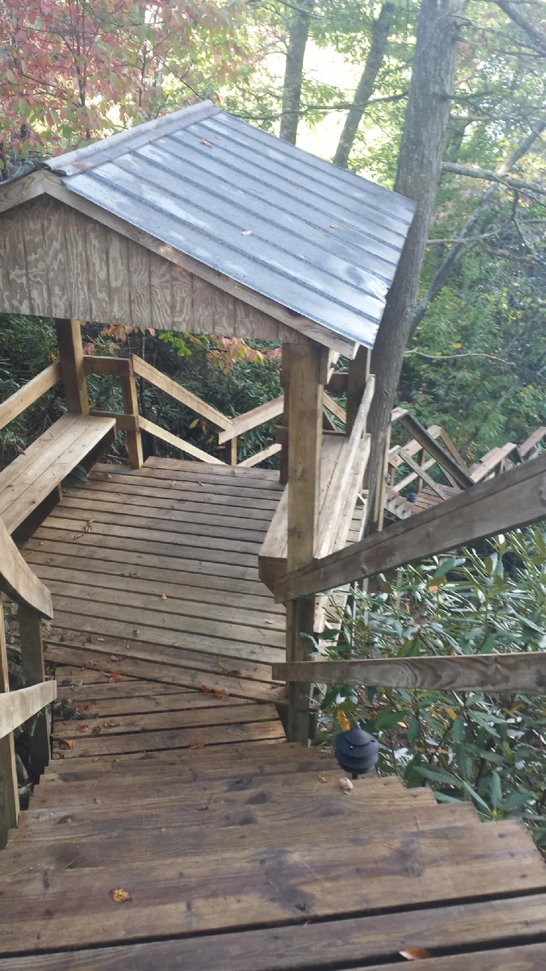 Metal roofed shelter over wooden steps on a wooded walkway — Skylight Repair & Installation work by our crew in Walnut Bottom